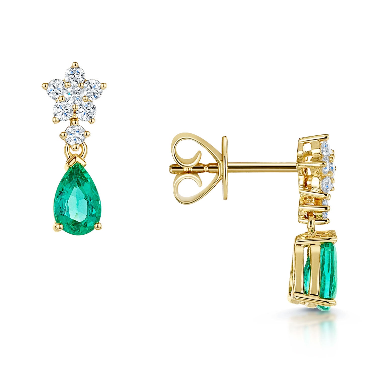Berry's 18ct Yellow Gold Pear Shaped Emerald and Diamond Flower Cluster Drop Earrings - Berry's Jewellers