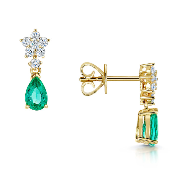 Berry's 18ct Yellow Gold Pear Shaped Emerald and Diamond Flower Cluster Drop Earrings - Berry's Jewellers