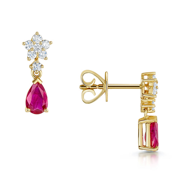 Berry's 18ct Yellow Gold Pear Cut Ruby And Diamond Drop Earrings - Berry's Jewellers