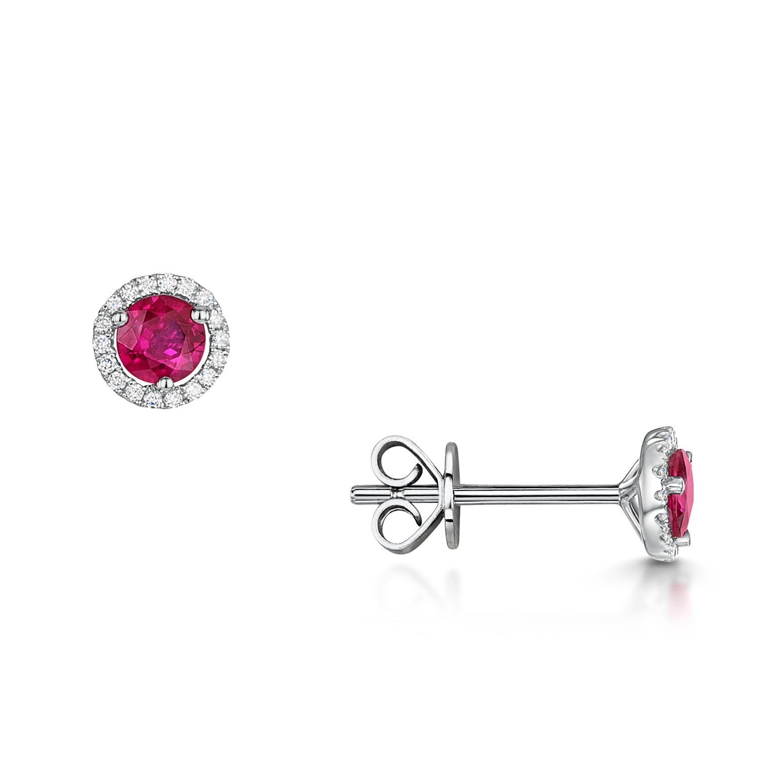 18ct White Gold Round Ruby And Diamond Cluster Stud Earrings