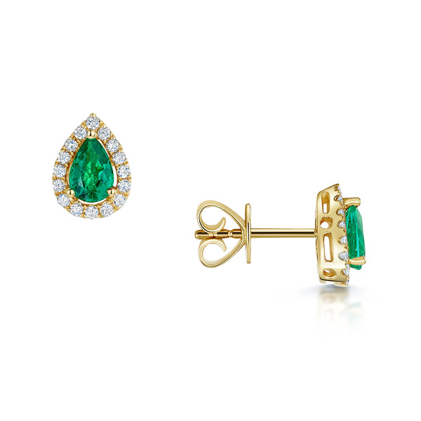 Berry's 18ct Yellow Gold Pear Shaped Emerald And Diamond Halo Earrings - Berry's Jewellers
