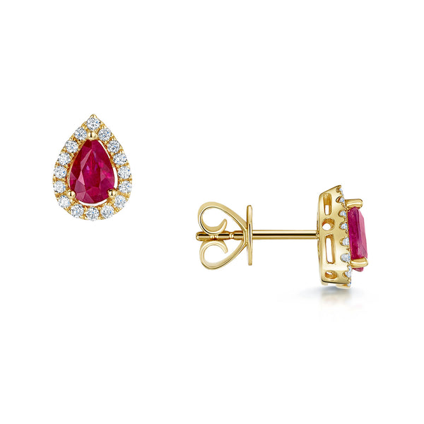 Berry's 18ct Yellow Gold Pear Shaped Ruby And Diamond Halo Earrings - Berry's Jewellers