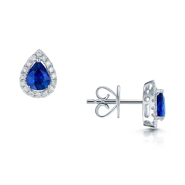 Berry's 18ct White Gold Pear Shaped Sapphire and Diamond Halo Earrings - Berry's Jewellers