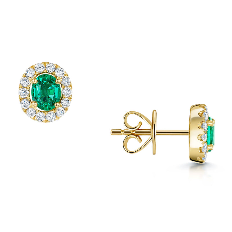 Berry's 18ct Yellow Gold Oval Shaped Emerald and Diamond Halo Earrings - Berry's Jewellers