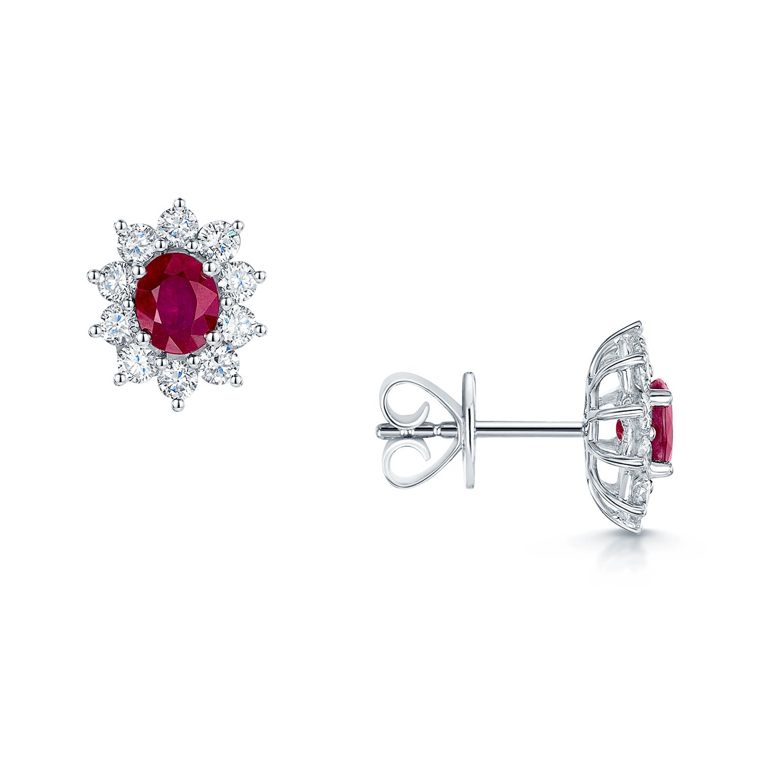 Berry's 18ct White Gold Oval Ruby And Diamond Cluster Earrings - Berry's Jewellers