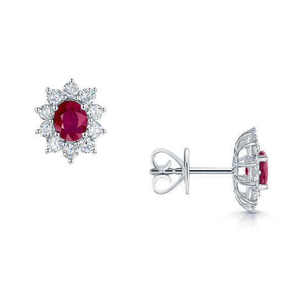 18ct White Gold Oval Ruby And Diamond Cluster Earrings