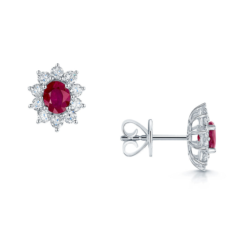 Berry's 18ct White Gold Oval Ruby And Diamond Cluster Earrings - Berry's Jewellers