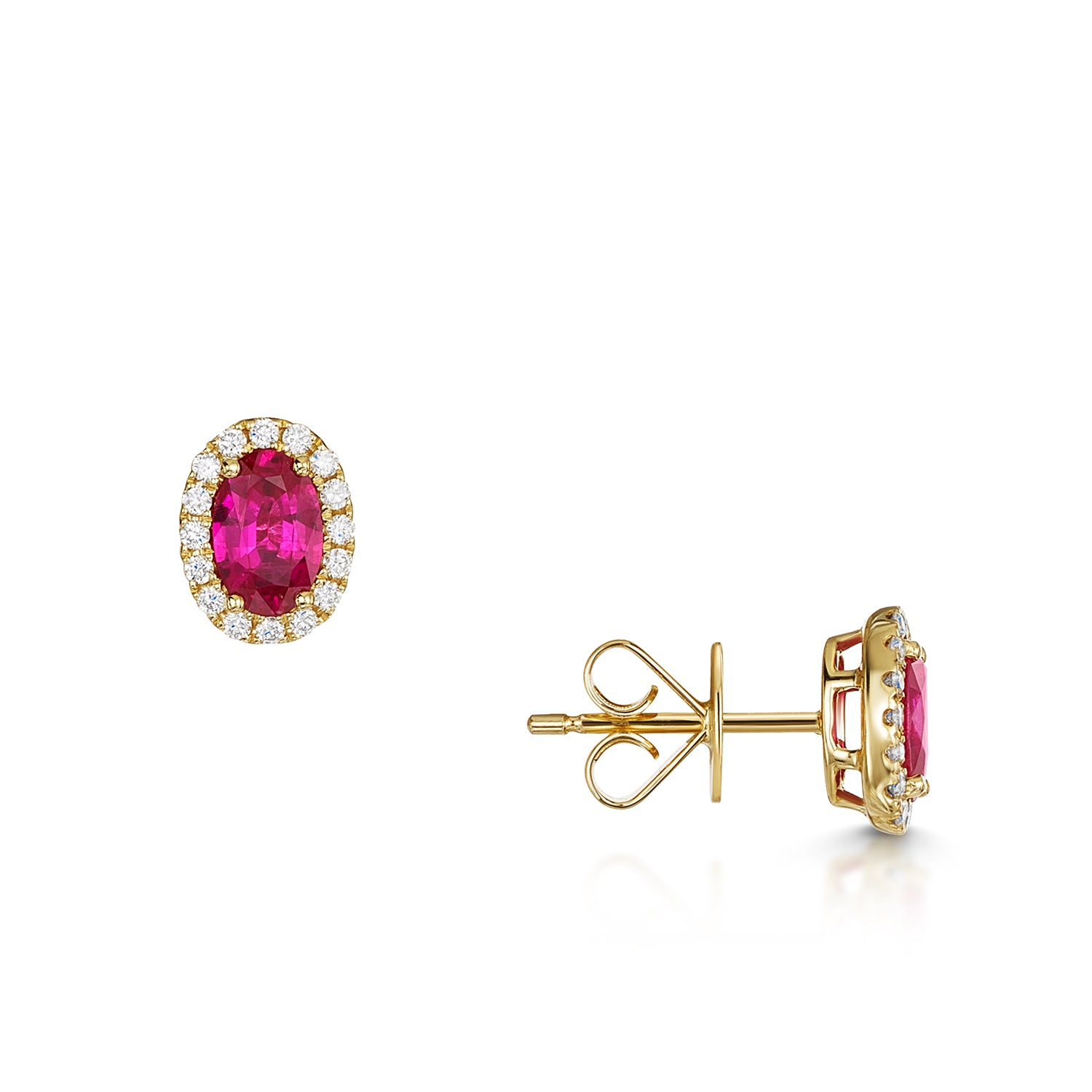 18ct Yellow Gold Oval Ruby And Diamond Halo Stud Earrings