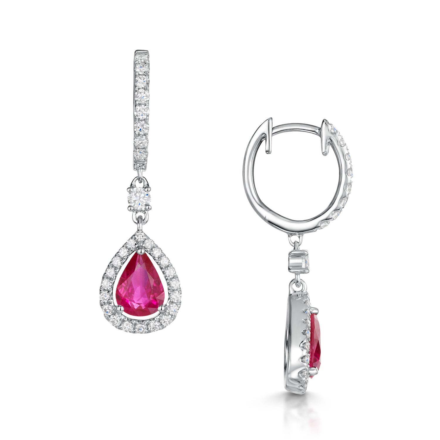 18ct White Gold Pear Shape Ruby And Diamond Drop Earrings