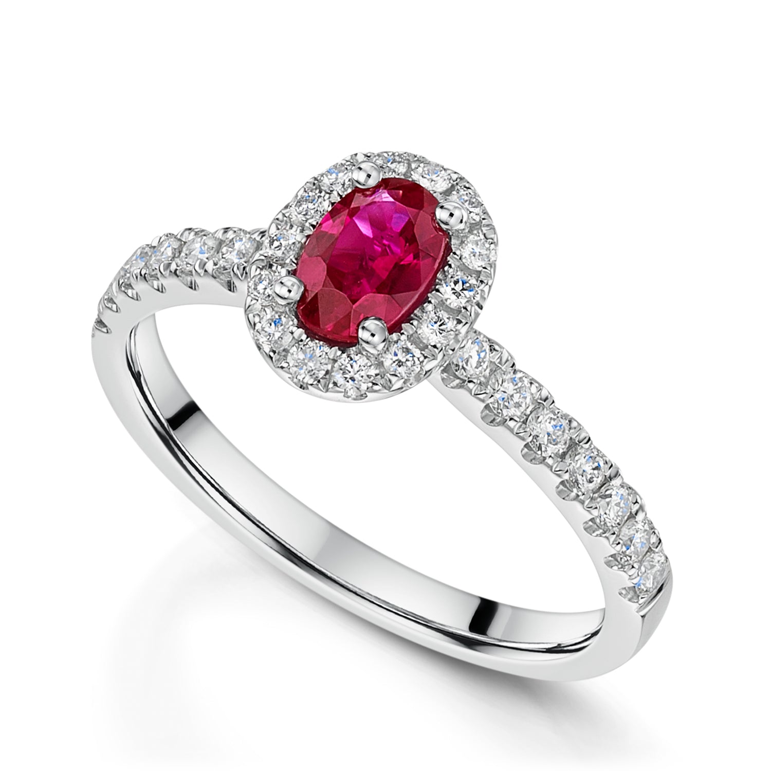 Platinum Oval Cut Ruby In a Diamond Halo Setting With Diamond Set Shoulders