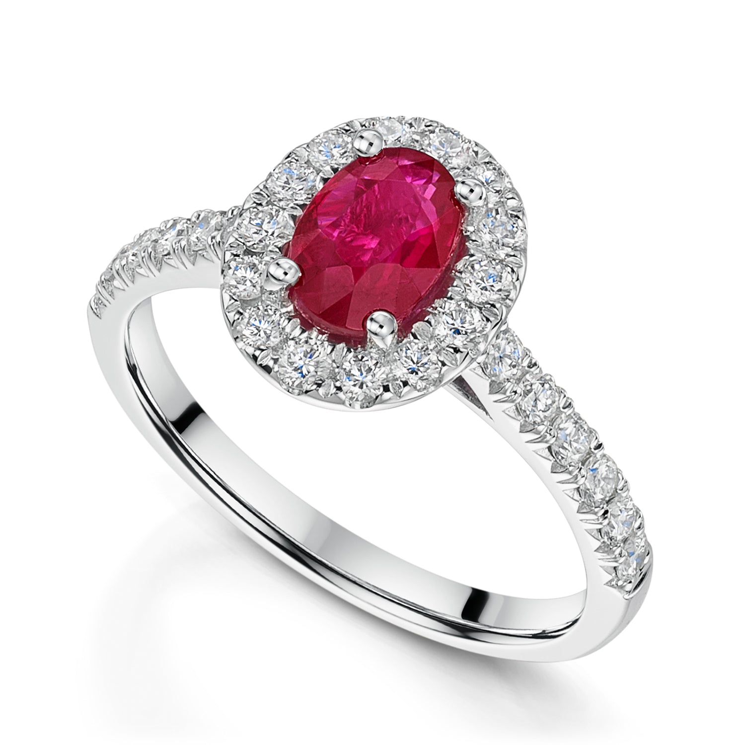 Platinum Oval Ruby Ring with Diamond Halo And Dimond Set Shoulders