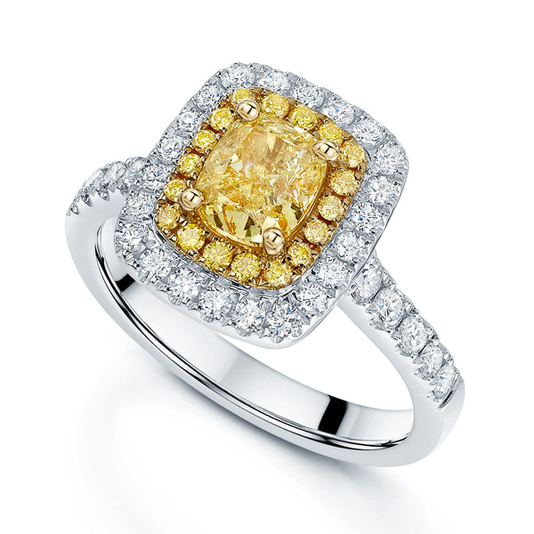 Berry's Platinum Radiant Cut Yellow Diamond And Diamond Double Halo Ring - Berry's Jewellers