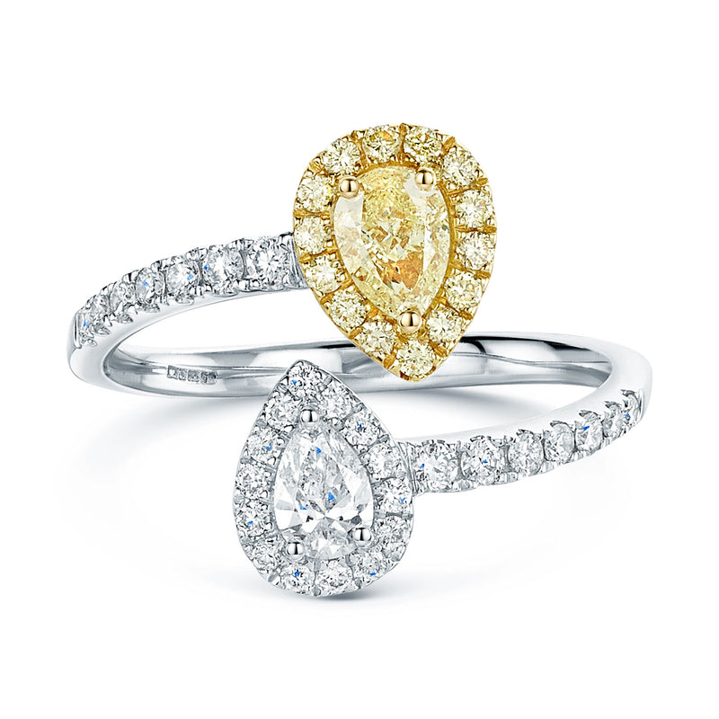 18ct White and Yellow Gold Toi et Moi Pear Cut Yellow and White Diamond Dress Ring