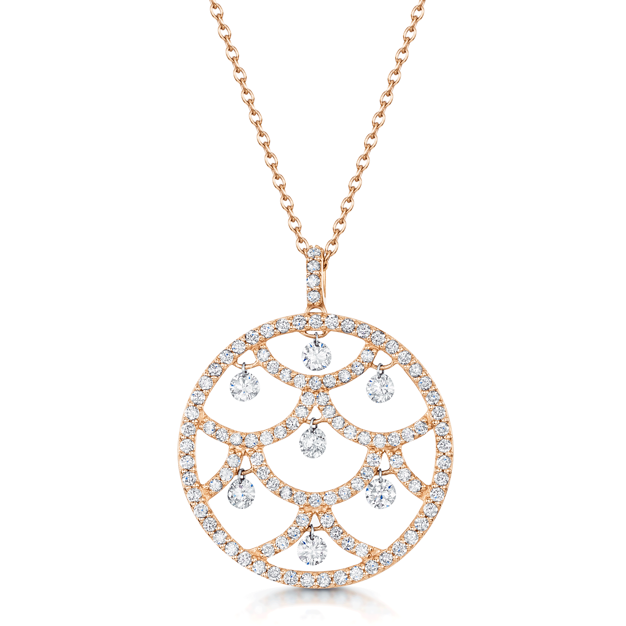 18ct Rose Gold Pave Circle Necklace With Seven Dancing Diamonds
