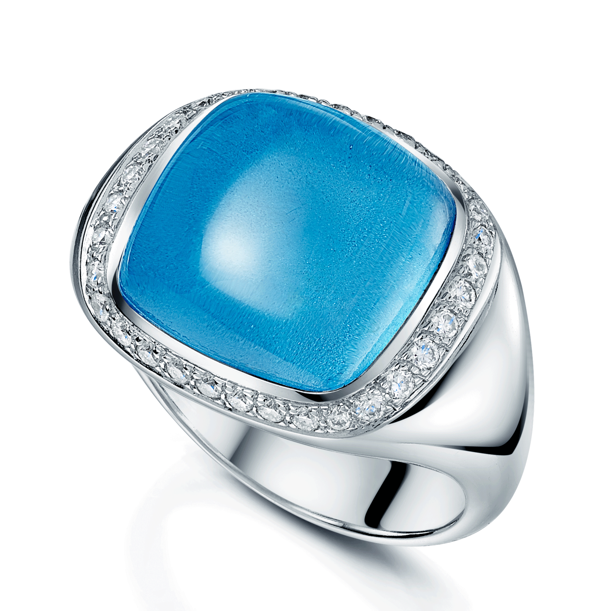 18ct White Gold Cabochon Cut Blue Topaz And Diamond Dress Ring