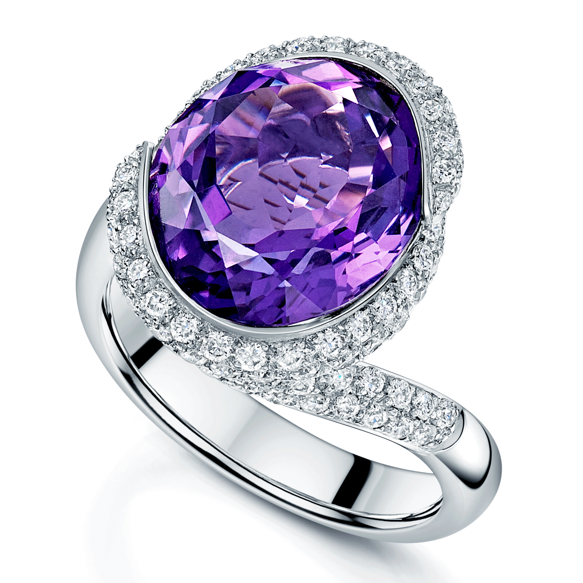 18ct White Gold Oval Cut Amethyst And Diamond Swirl Design Ring
