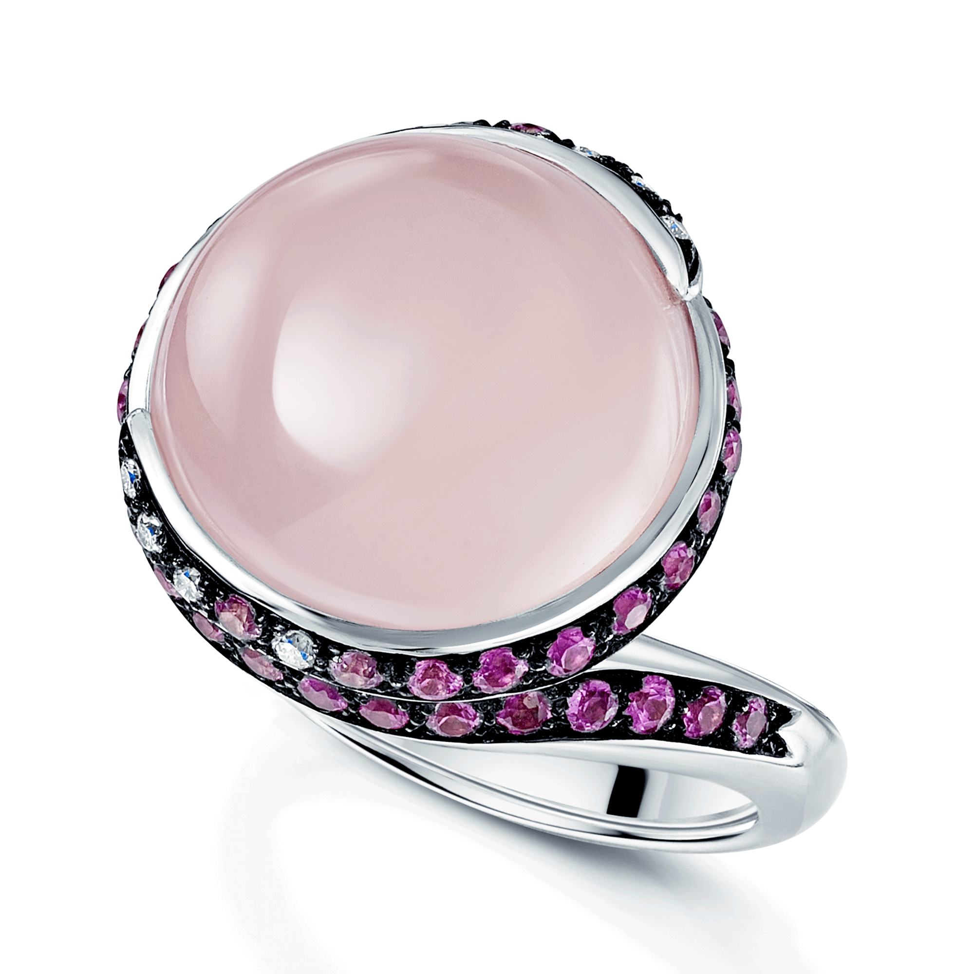 18ct White Gold Rose Quartz, Pink Sapphire & Diamond Swirl Design Ring
