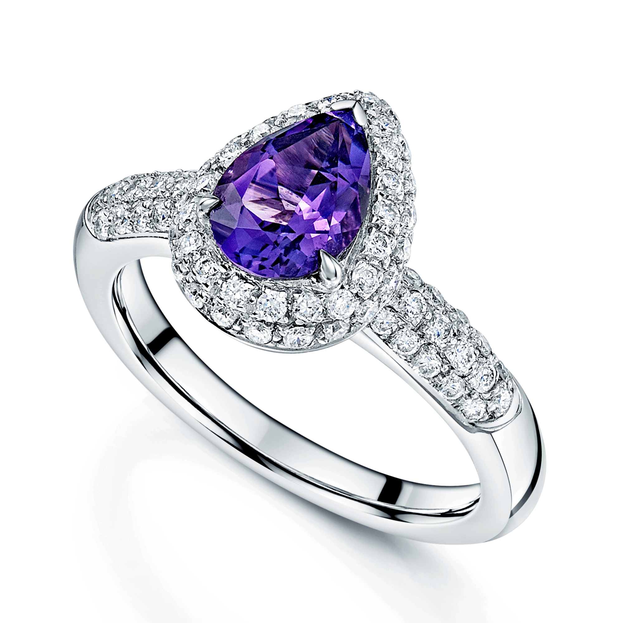 18ct White Gold Pear Cut Amethyst And Diamond Halo Ring With Diamond Set Shoulders.