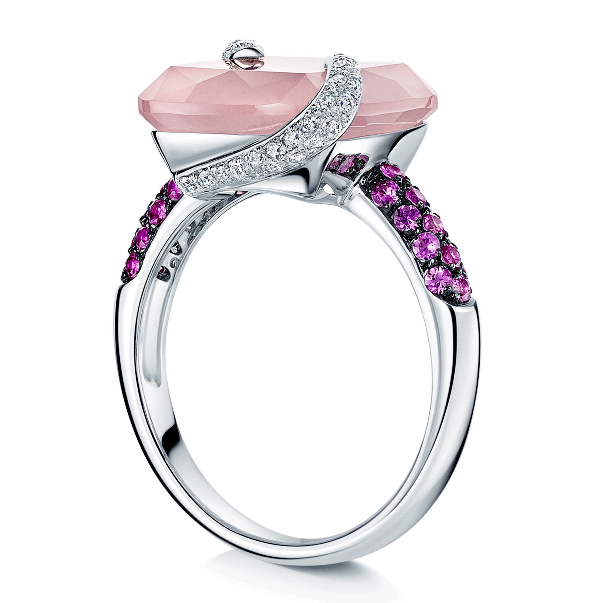 18ct White Gold Rose Quartz Ring Set With Diamonds & Pink Sapphires