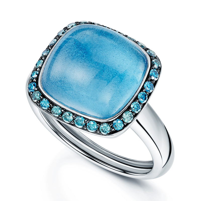 Berry's 18ct White Gold Cabochon Cut Blue Topaz & Blue Diamond Halo Dress Ring - Berry's Jewellers
