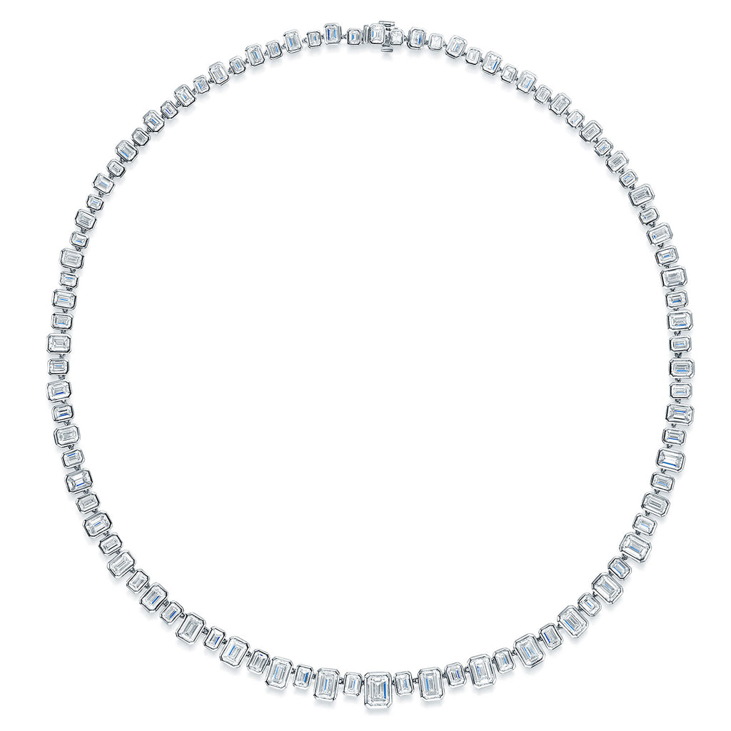 18ct White Gold Emerald Cut Diamond Rub Over Set Collarette