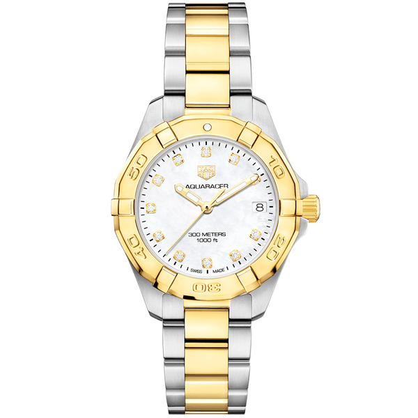 TAG Heuer Aquaracer 32mm Two-Tone White Mother of Pearl Diamond Dial Bracelet Watch - Berry's Jewellers