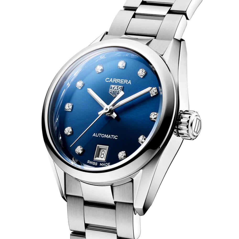 TAG Heuer Carrera 29mm Blue Sunray Diamond Dial Ladies Automatic Bracelet Watch - Berry's Jewellers