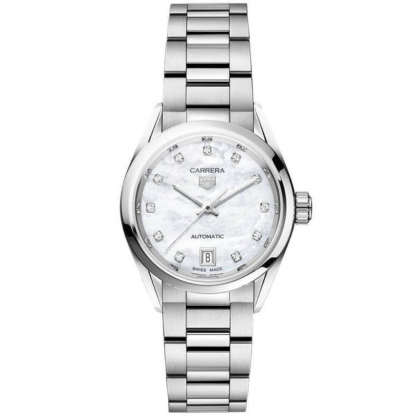 TAG Heuer Carrera 29mm White Mother of Pearl Diamond Dial Ladies Bracelet Watch - Berry's Jewellers