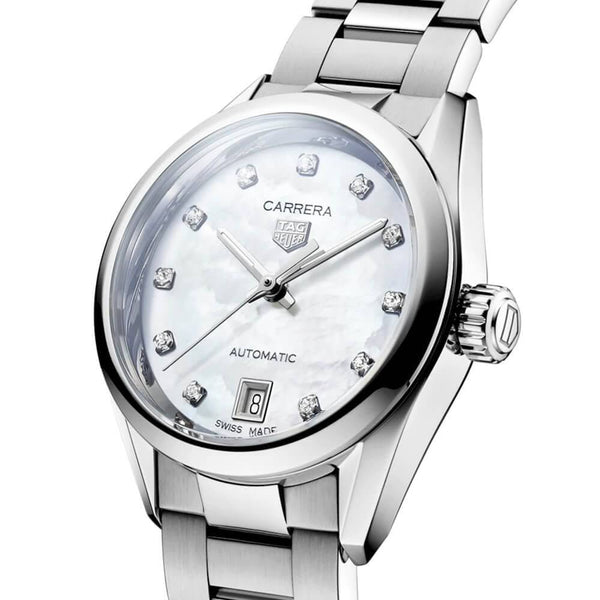 TAG Heuer Carrera 29mm White Mother of Pearl Diamond Dial Ladies Bracelet Watch - Berry's Jewellers