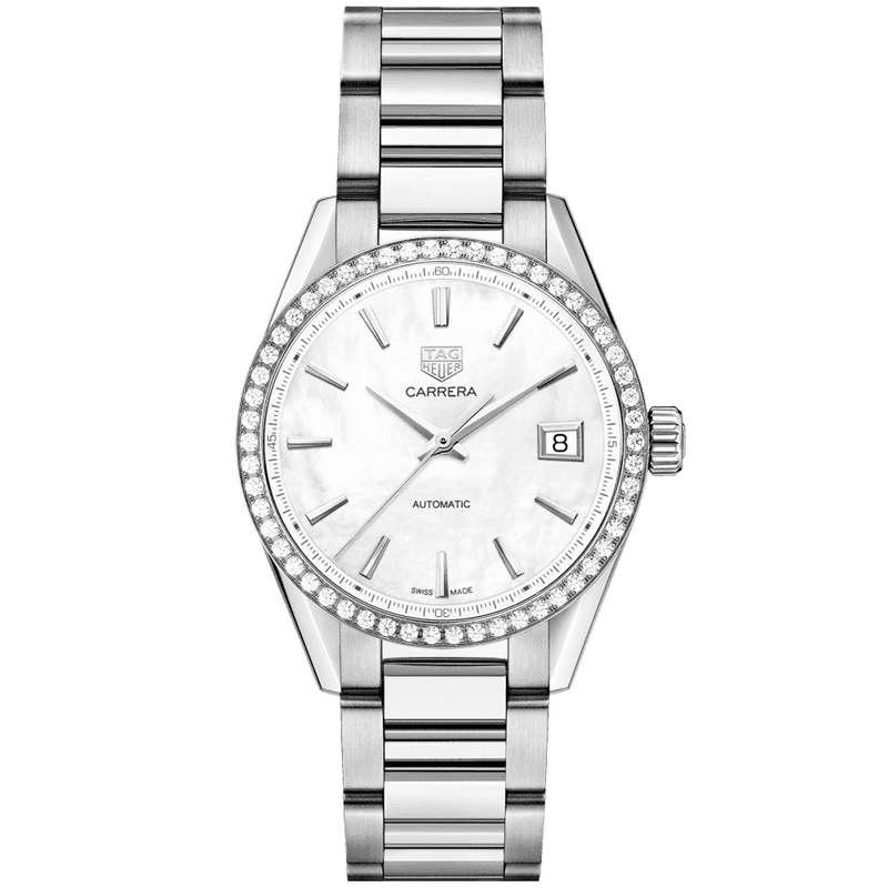 TAG Heuer Carrera 36mm White Mother of Pearl Dial Diamond Bezel Automatic Watch - Berry's Jewellers