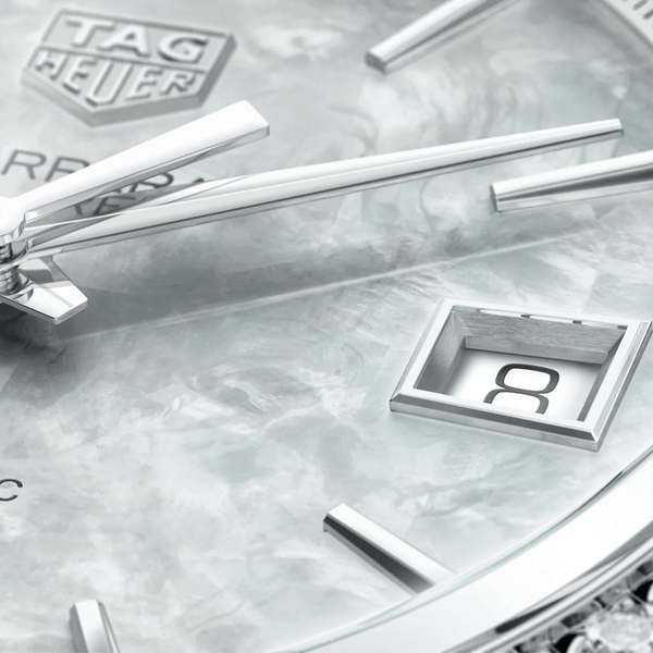 TAG Heuer Carrera 36mm White Mother of Pearl Dial Diamond Bezel Automatic Watch - Berry's Jewellers