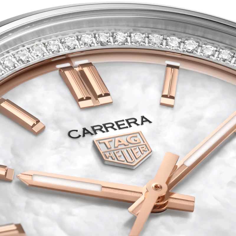 TAG Heuer Carrera 36mm White Mother of Pearl/Rose Dial Ladies Bracelet Watch - Berry's Jewellers