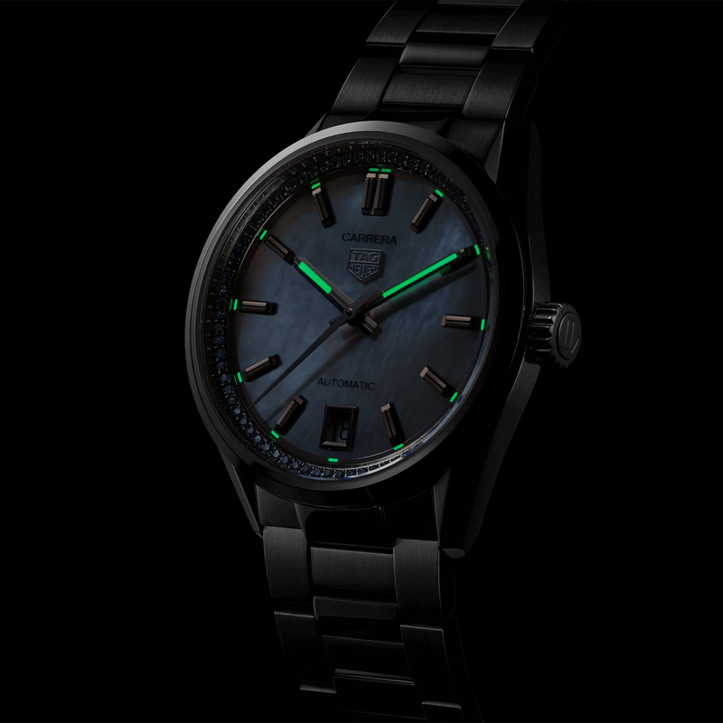 TAG Heuer Carrera 36mm White Mother of Pearl/Rose Dial Ladies Bracelet Watch - Berry's Jewellers