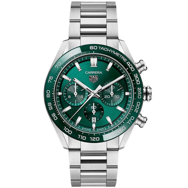TAG Heuer Carrera 44mm Green Dial & Ceramic Bezel Automatic Chronograph Watch - Berry's Jewellers