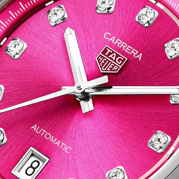 TAG Heuer Carrera Date 36mm Vibrant Pink Diamond Dial Ladies Bracelet Watch - Berry's Jewellers