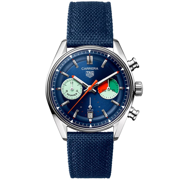 TAG Heuer Carrera "Skipper" 39mm Blue Dial Automatic Chronograph Strap Watch - Berry's Jewellers