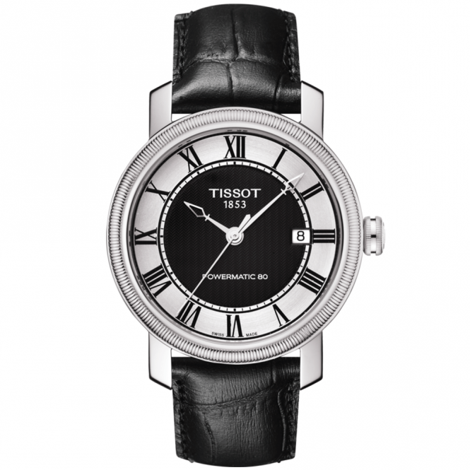 Tissot Bridgeport 40mm Silver/Black Roman Dial Leather Strap Watch - Berry's Jewellers