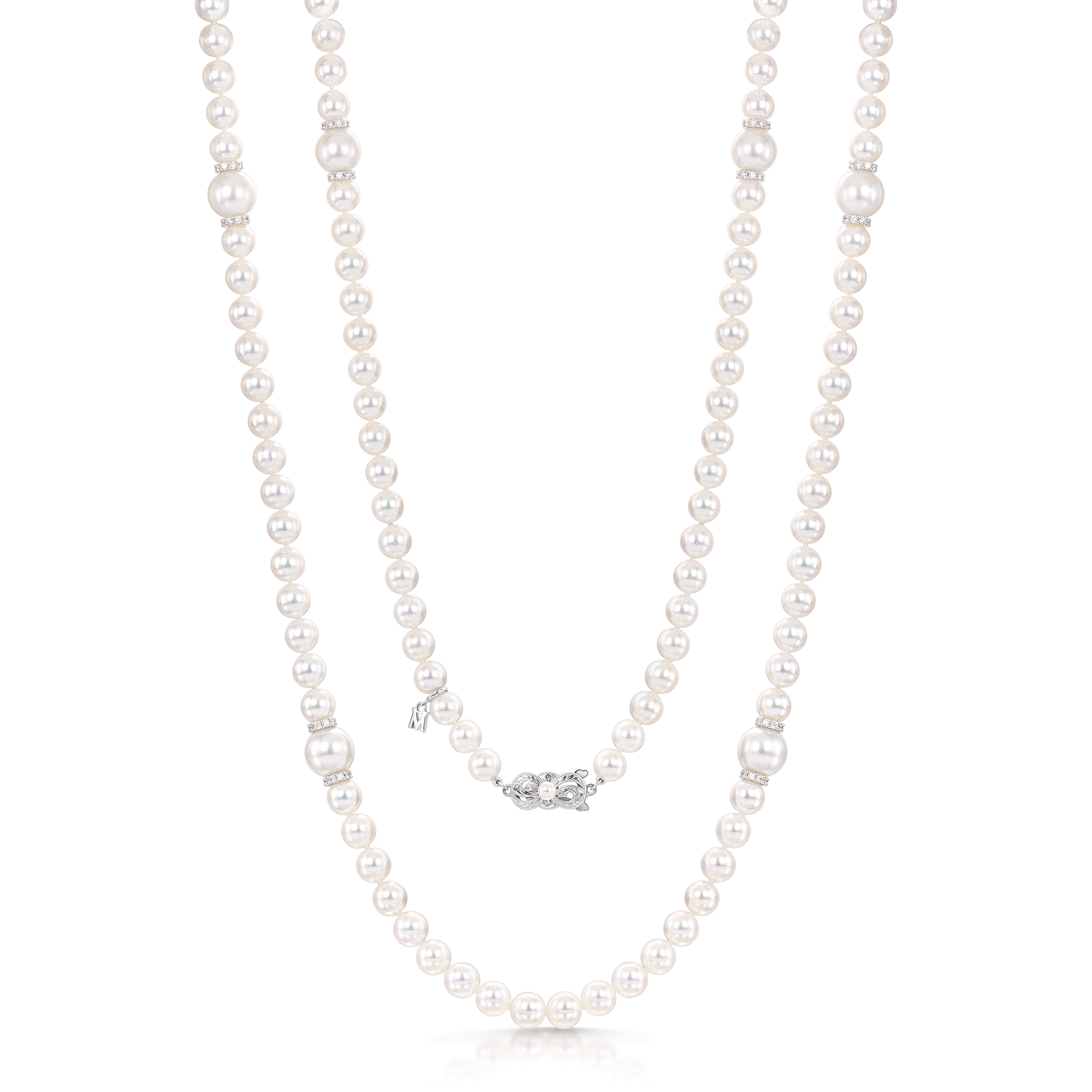 18ct White Gold Akoya Cultured Pearl Sautoir Necklet With Six South Sea Cultured Pearls And Diamond Rondels