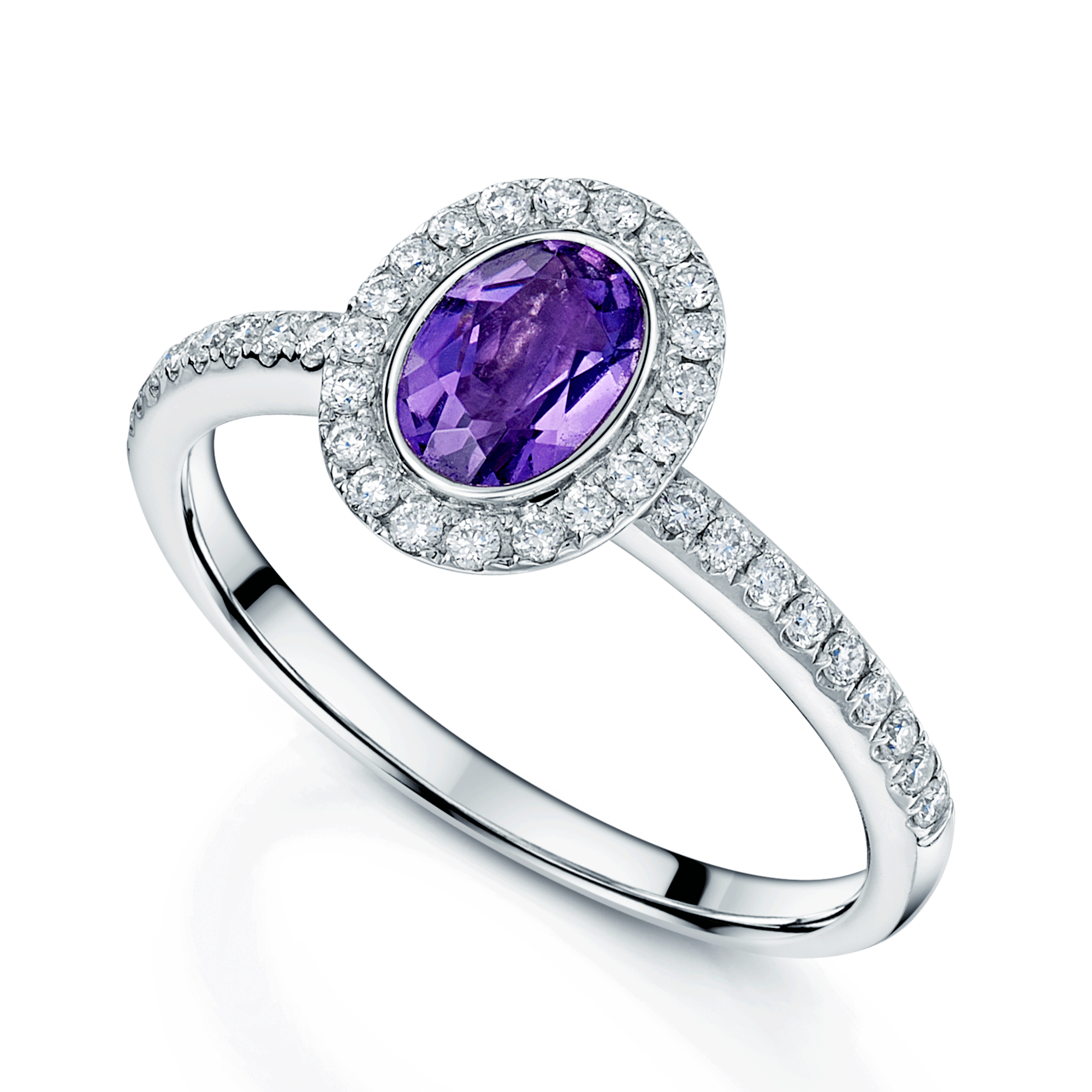 18ct White Gold Oval Cut Amethyst And Diamond Halo Ring