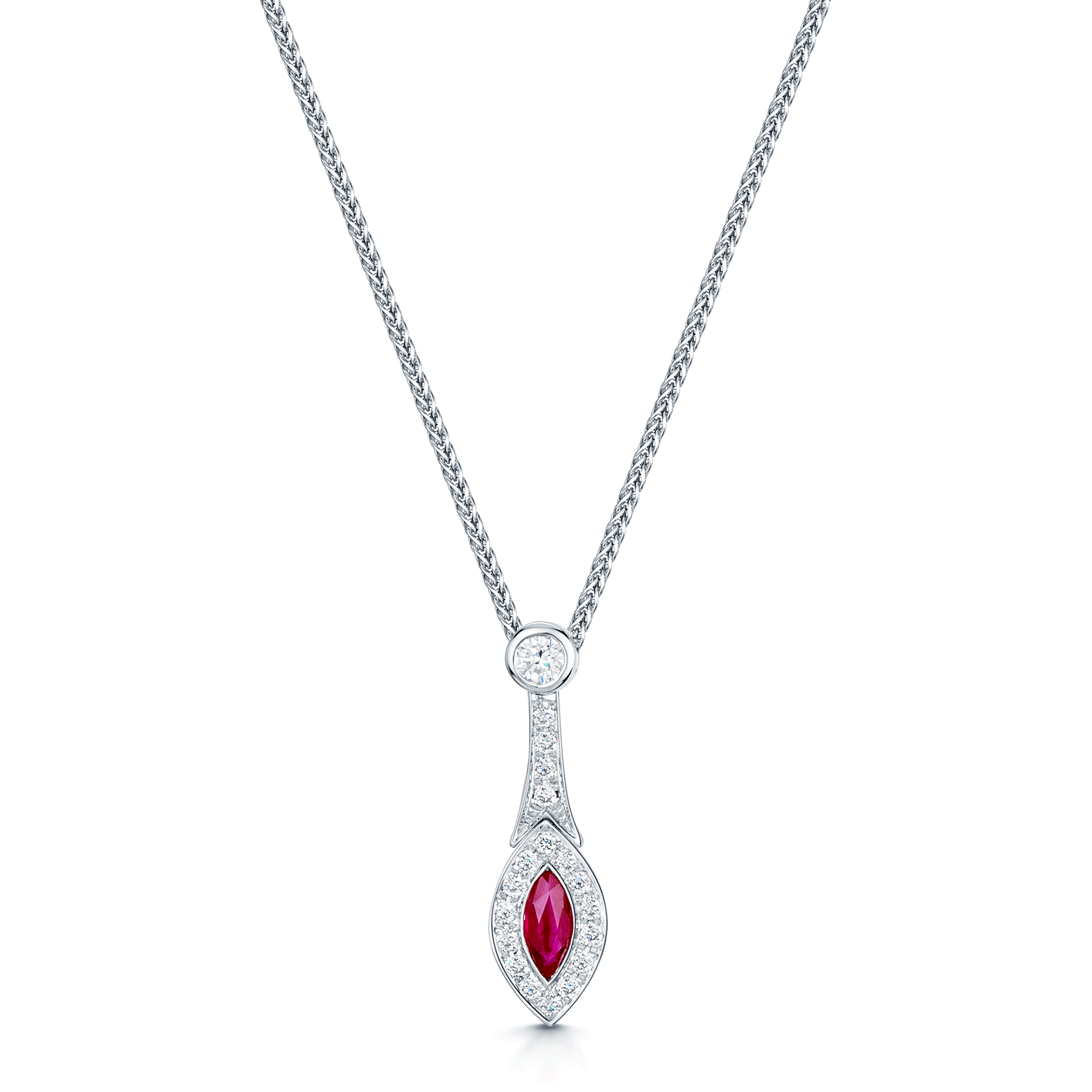 18ct White Gold Marquise Cut Ruby And Diamond Cluster Drop Pendant