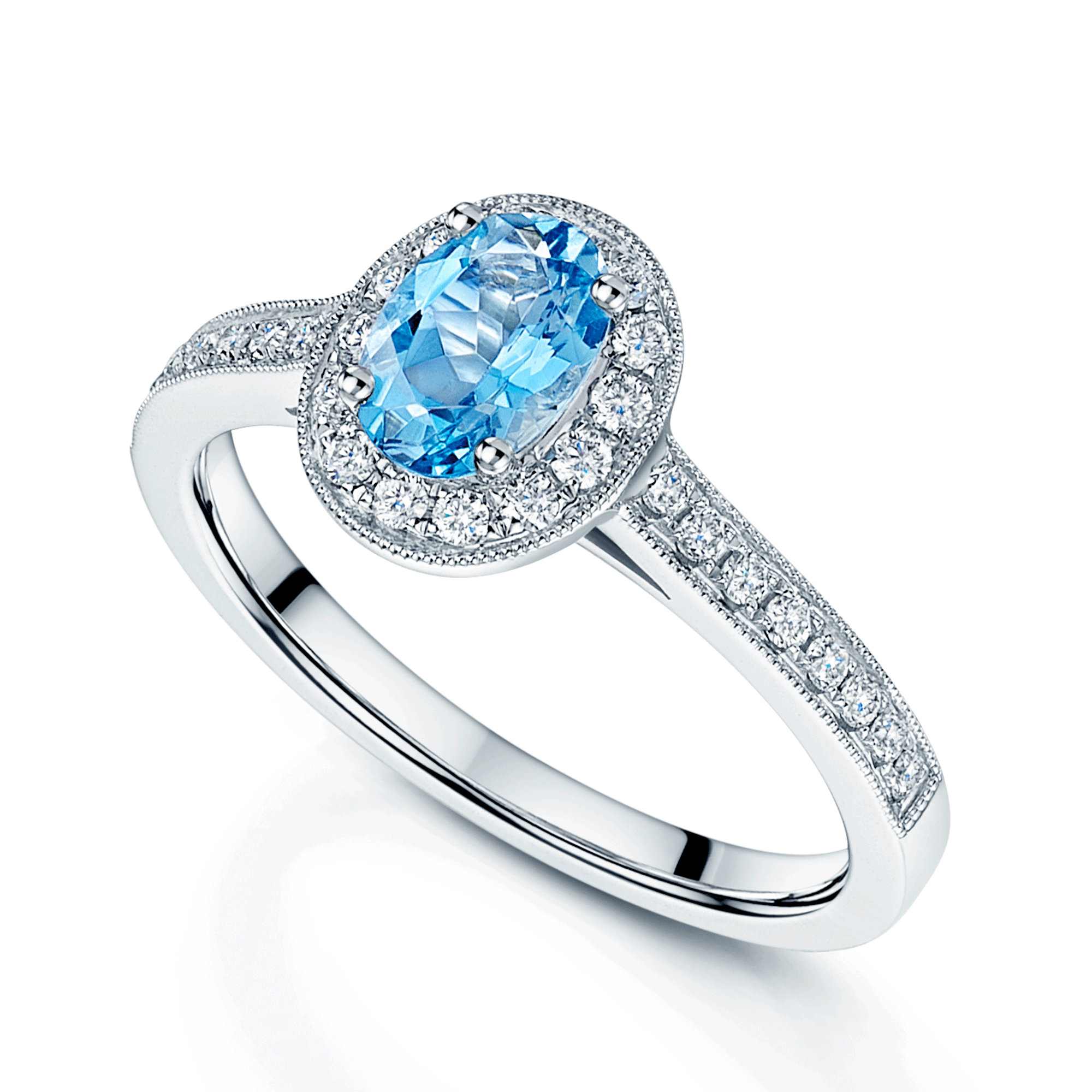 18ct White Gold Oval Aquamarine with Grain Set Diamond Halo & Shoulders Ring