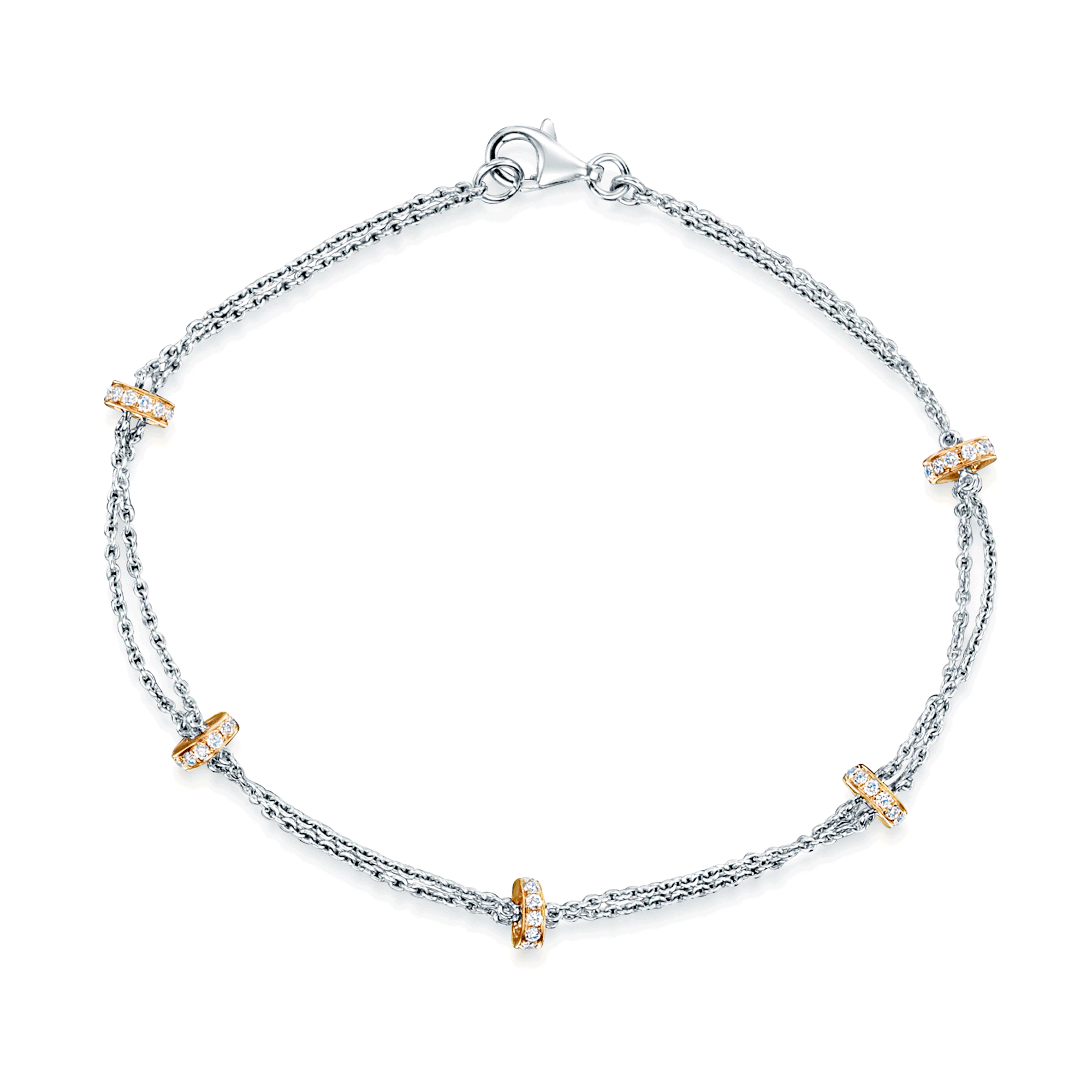 18ct White Gold Double Chain Bracelet With Five 18ct Rose Gold  Diamond Set Rondels