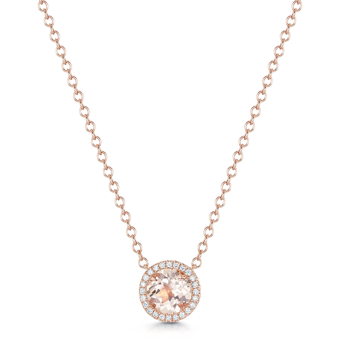 18ct Rose Gold Morganite And Diamond Halo Pendant
