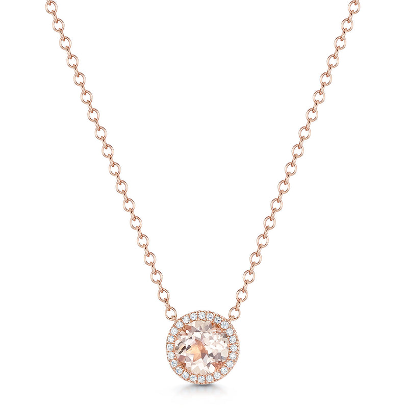 18ct Rose Gold Morganite And Diamond Halo Pendant