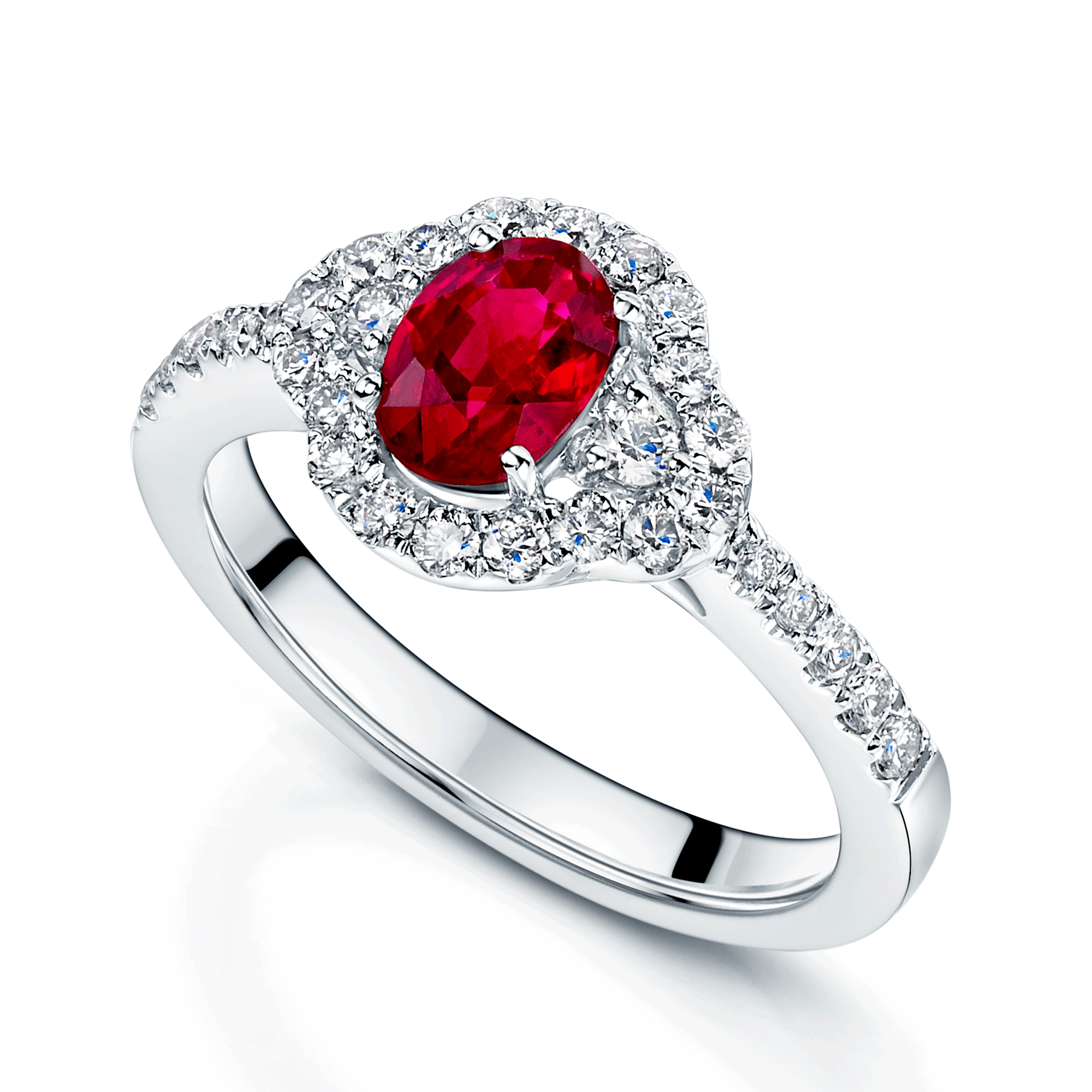 Platinum Oval Ruby And Diamond Halo Ring With Diamond Shoulders