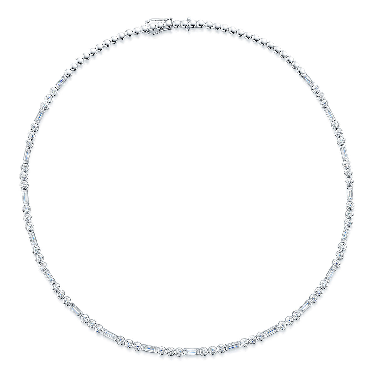 Berry's 18ct White Gold Round And Baguette Cut Diamond Rub-Over Set Tennis Necklace - Berry's Jewellers
