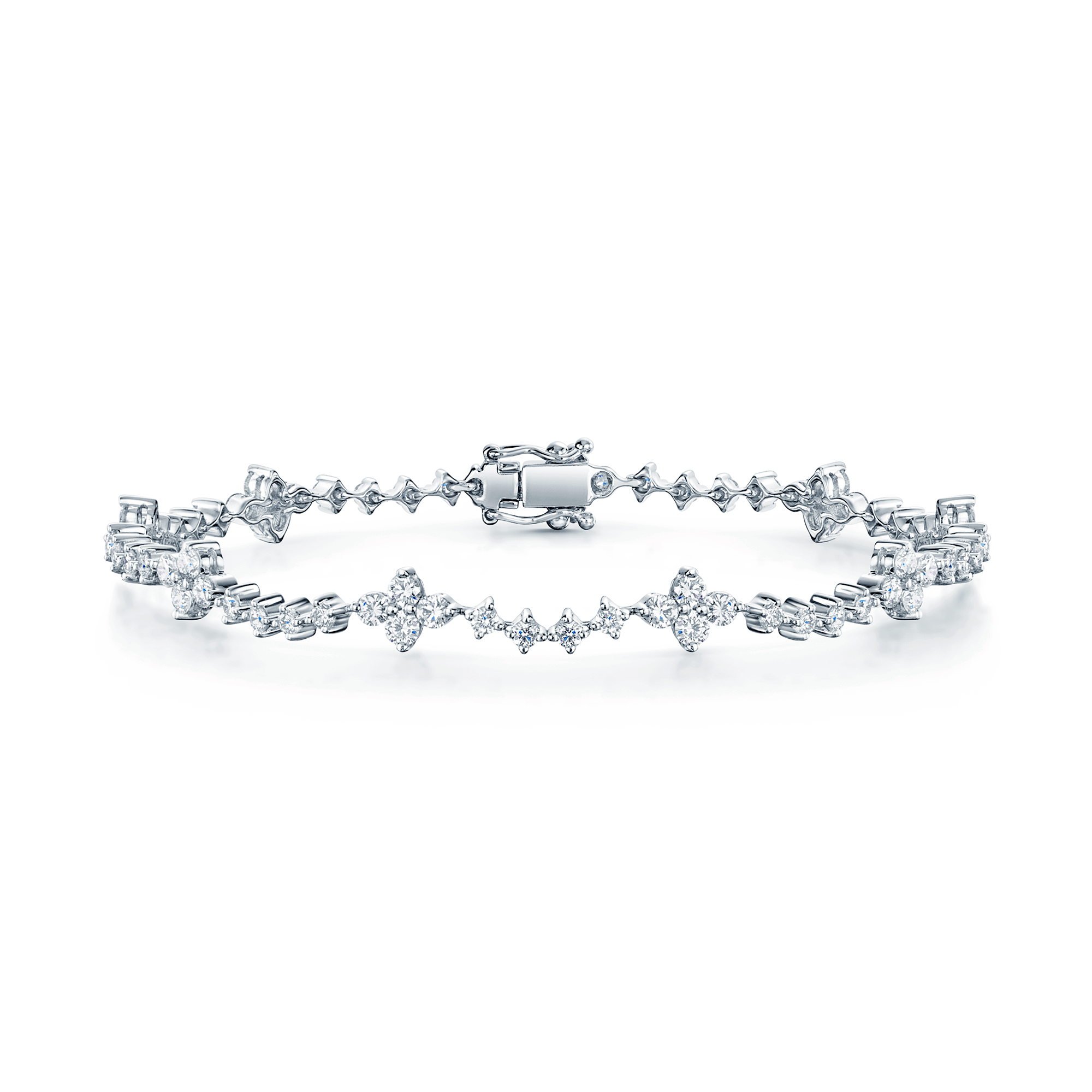 18ct White Gold Diamond Line Bracelet With Diamond Cluster Sections