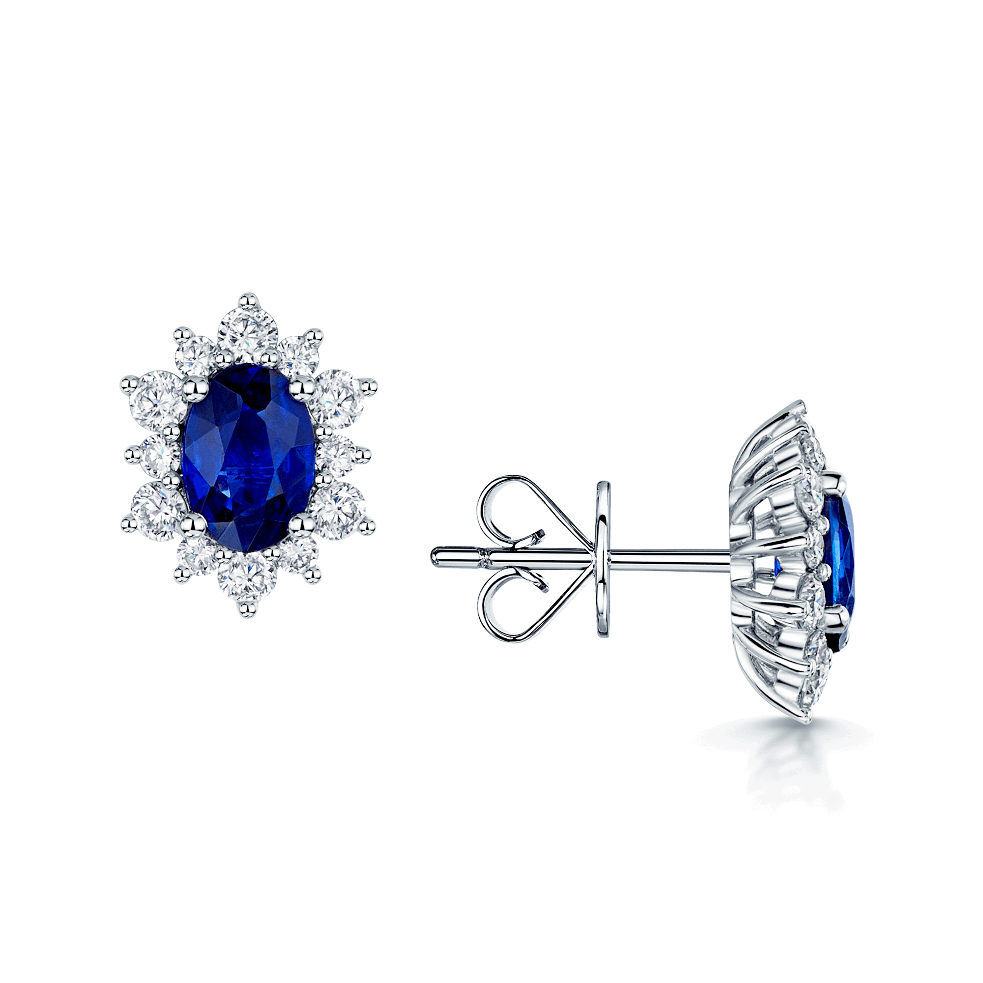 18ct White Gold Oval Blue Sapphire And Round Brilliant Cut Diamond Stud Earrings.