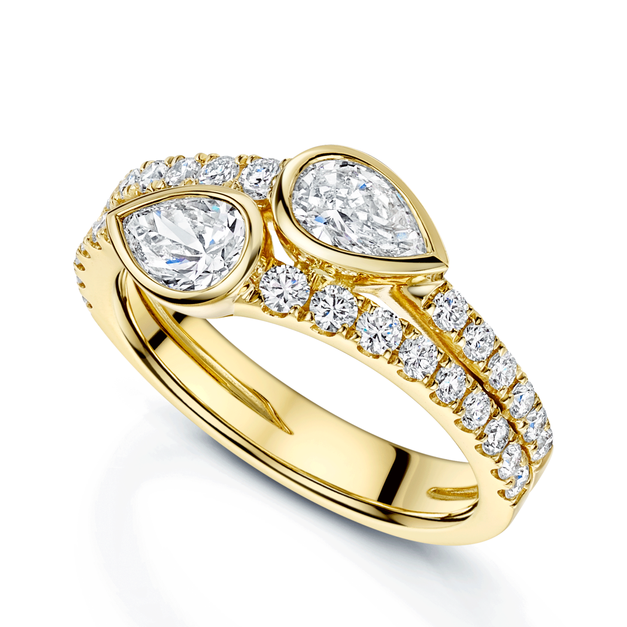 18ct Yellow Gold Pear And Round Brilliant Cut Two Row Fancy Ring With Diamond Shoulders