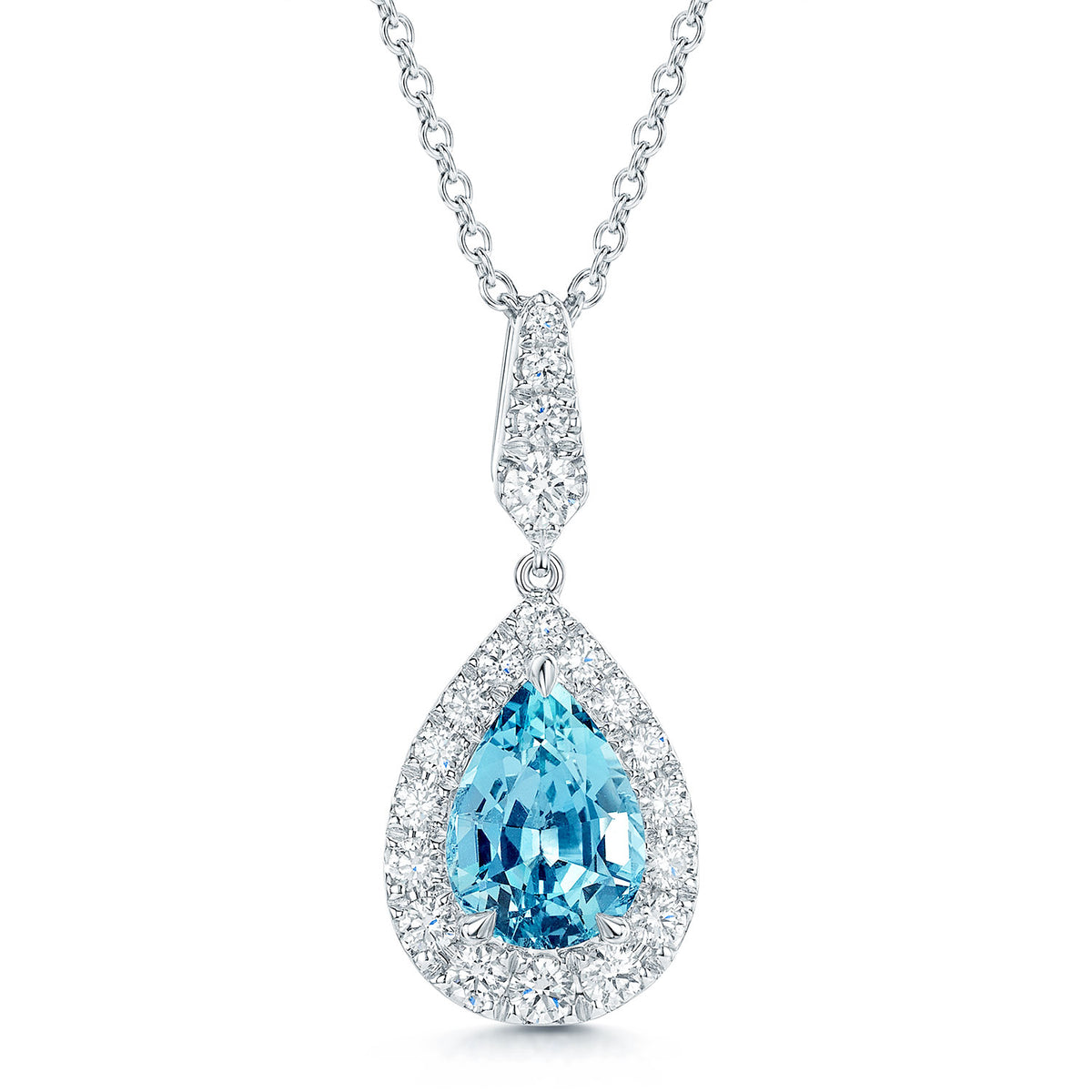 Berry's 18ct White Gold Pear Cut Aquamarine and Diamond Halo Pendant - Berry's Jewellers